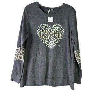 C. EST 1946 Medium Loved Leopard Heart Gray Soft Comfy  Long Sleeve Shirt NWT